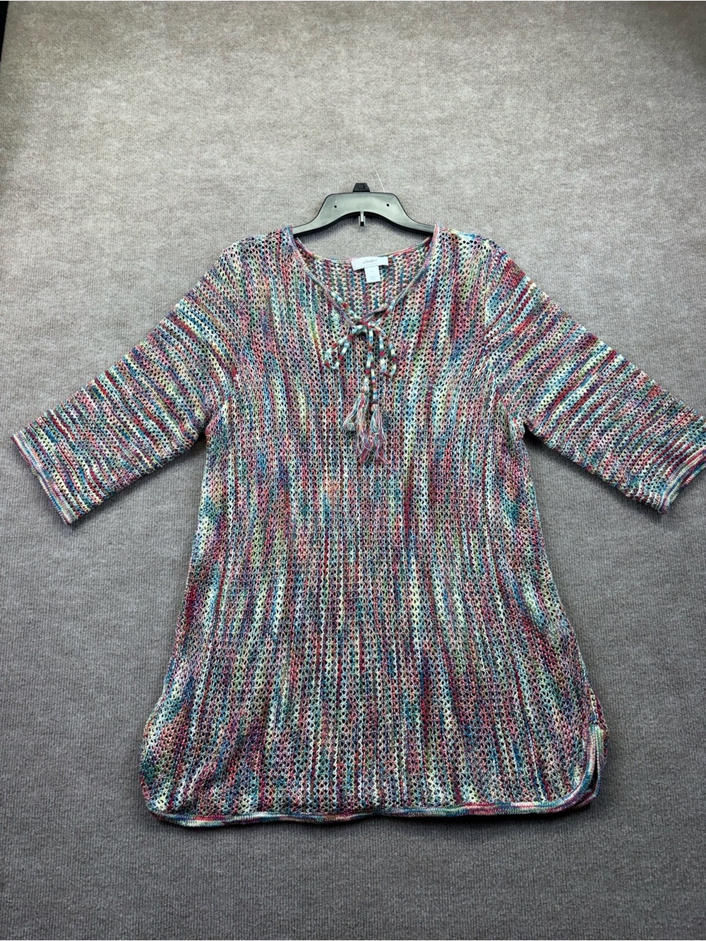 CJ Banks colorful multi-toned open-knit mesh crochet top features a playful draw